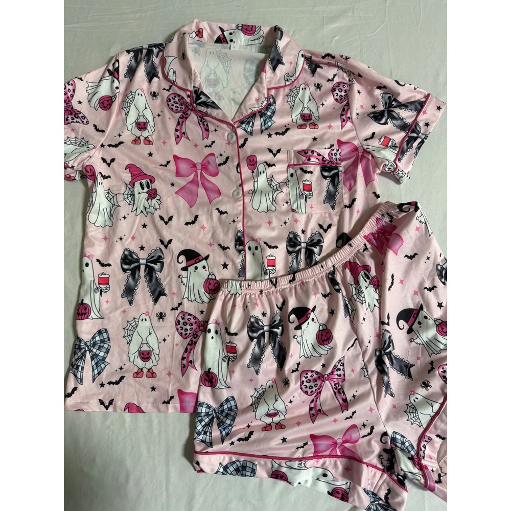 Pink Halloween Ghost Bow Pajama Set Short Sleeve Button Down Shorts Womens Large - Picture 1 of 11